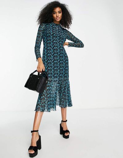 & Other Stories & Other Stories polyester smocked midi dress in blue print - MBLUE