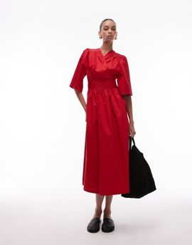 & Other Stories & Other Stories poplin midaxi dress with wrap front and puff sleeves in red