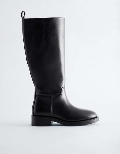 & Other Stories & Other Stories Premium heeled leather pull on moto boot in black