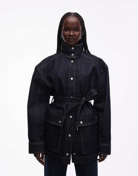 & Other Stories & Other Stories pure cotton funnel neck denim short jacket with belt detail in dark blue