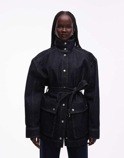 & Other Stories & Other Stories pure cotton funnel neck denim short jacket with belt detail in dark blue