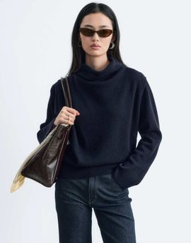 & Other Stories & Other Stories pure wool funnel neck sweater with drape shoulder detail in navy