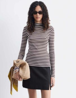 & Other Stories & Other Stories pure wool high neck long sleeve top in pink & burgundy stripes