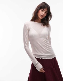 & Other Stories & Other Stories pure wool lettuce edge long sleeve top with thumbhole detail in white
