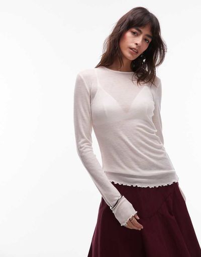 & Other Stories & Other Stories pure wool lettuce edge long sleeve top with thumbhole detail in white