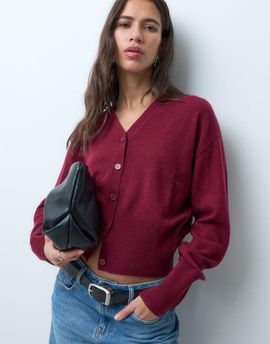 & Other Stories & Other Stories pure wool v neck fitted cardigan with cuffed sleeve in dark red