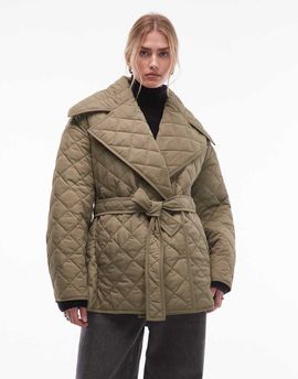 & Other Stories & Other Stories quilted belted long line jacket in dark khaki green
