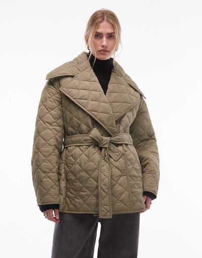 & Other Stories & Other Stories quilted belted long line jacket in dark khaki green
