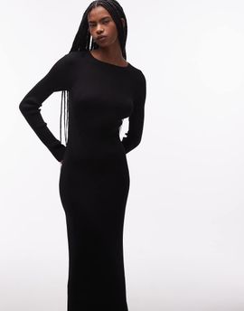 & Other Stories & Other Stories ribbed structured knit maxi dress with cuff detail in black