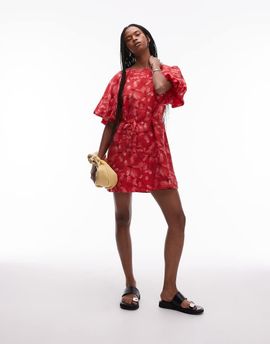 & Other Stories & Other Stories round neck mini dress with puff sleeves and detachable belt in red floral print