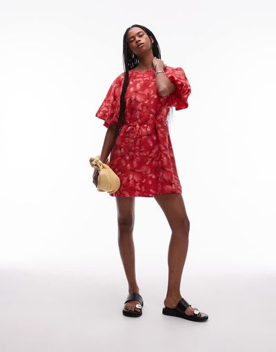 & Other Stories & Other Stories round neck mini dress with puff sleeves and detachable belt in red floral print