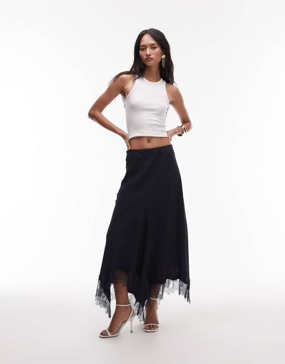 & Other Stories & Other Stories satin maxi skirt with asymmetric lace trim hem in blue-Navy