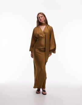 & Other Stories & Other Stories satin midaxi dress with deep v-neck and detachable scarf in brown