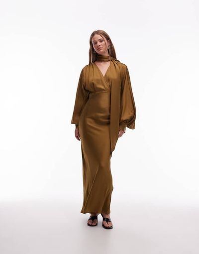 & Other Stories & Other Stories satin midaxi dress with deep v-neck and detachable scarf in brown