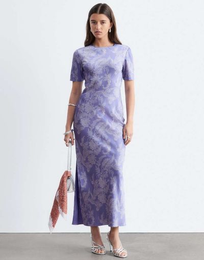 & Other Stories & Other Stories satin paisley print maxi dress with cut in waist and slit slide in purple