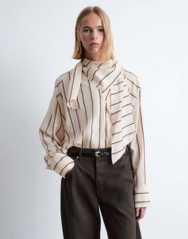 & Other Stories & Other Stories scarf neck blouse with volume sleeves in vintage beige stripes-Multi