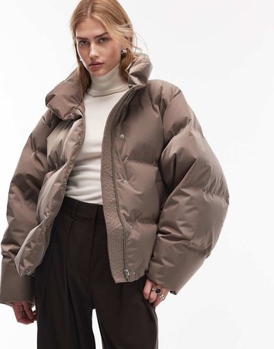 & Other Stories & Other Stories short padded down & feather jacket in mole brown