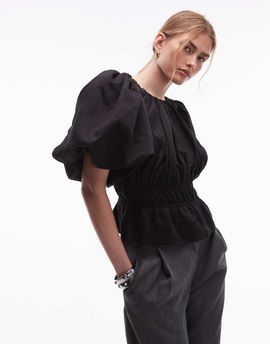 & Other Stories & Other Stories short sleeve volume blouse with statement puff sleeves and cinch waist in black