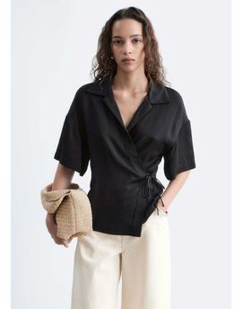 & Other Stories & Other Stories short sleeve wrap linen mix shirt with tie waist detail in black
