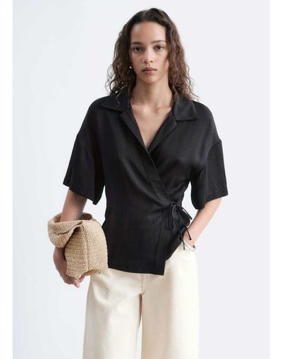 & Other Stories & Other Stories short sleeve wrap linen mix shirt with tie waist detail in black
