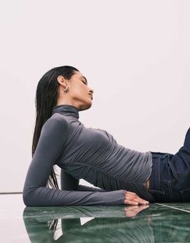 & Other Stories & Other Stories slim fit long sleeve turtle neck asymmetric top in dark gray