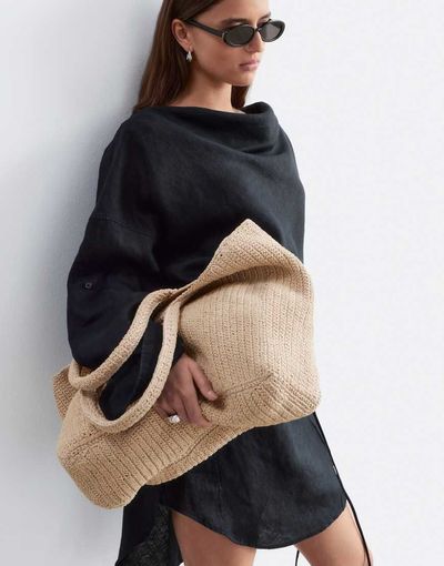 & Other Stories & Other Stories straw square tote bag with long handles in beige-Neutral