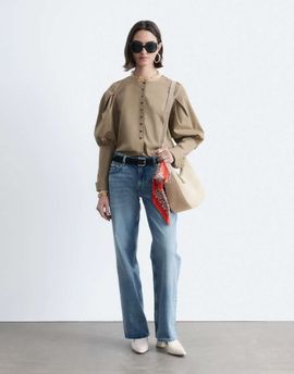 & Other Stories & Other Stories volume sleeve shirt with button detailing in beige-Neutral