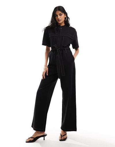 & Other Stories & Other Stories wide leg stretch jumpsuit with tie waist and utility pockets in black