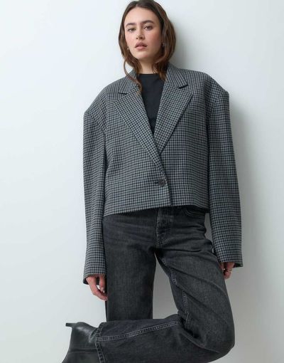 & Other Stories & Other Stories wool blend houndstooth cropped blazer in gray
