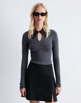 & Other Stories & Other Stories wool blend knit top in gray with contrast keyhole collar-Brown