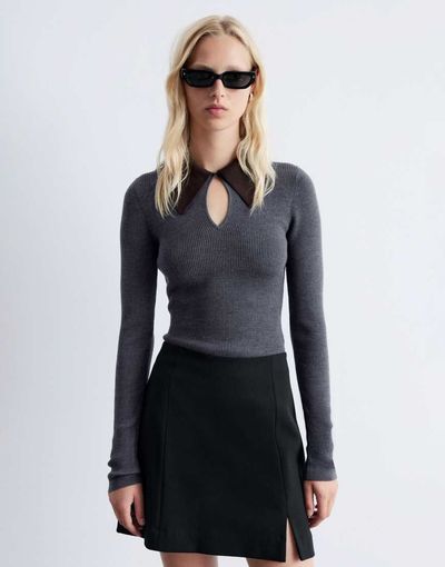 & Other Stories & Other Stories wool blend knit top in gray with contrast keyhole collar-Brown