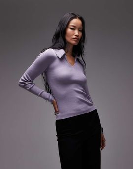& Other Stories & Other Stories wool blend knit top in lilac with contrast keyhole collar-Purple