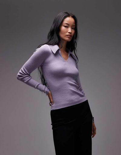 & Other Stories & Other Stories wool blend knit top in lilac with contrast keyhole collar-Purple