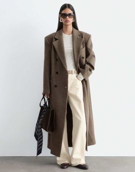 & Other Stories & Other Stories wool double breasted maxi coat with bold shoulder details in beige houndstooth-NEUTRAL