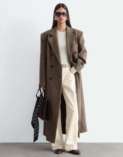 & Other Stories & Other Stories wool double breasted maxi coat with bold shoulder details in beige houndstooth-NEUTRAL