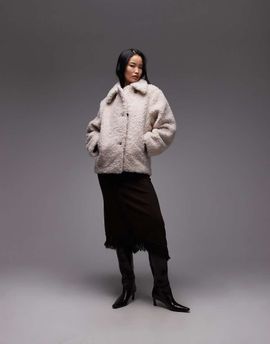 & Other Stories & Other Stories wool rich midi length faux fur jacket in beige-Neutral
