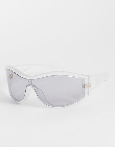 & Other Stories & Other Stories wrap around visor style sunglasses in silver with linen pouch case