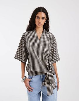& Other Stories & Other Stories wrap top in blue and brown plaid