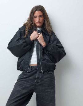 & Other Stories & Other Stories zip through funnel neck bomber jacket in black-Brown