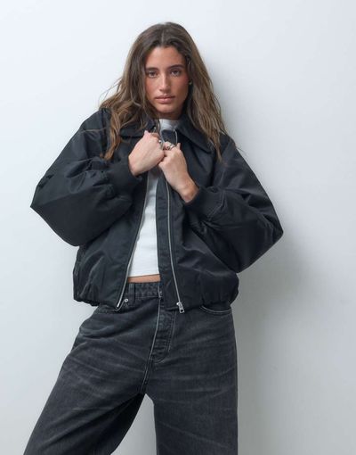 & Other Stories & Other Stories zip through funnel neck bomber jacket in black-Brown