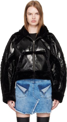 Ottolinger Ottolinger Black Fitted Multiline Faux-Fur Jacket