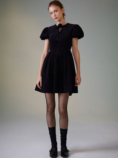 ouel Cotton Velvet Puff Dress (Black)