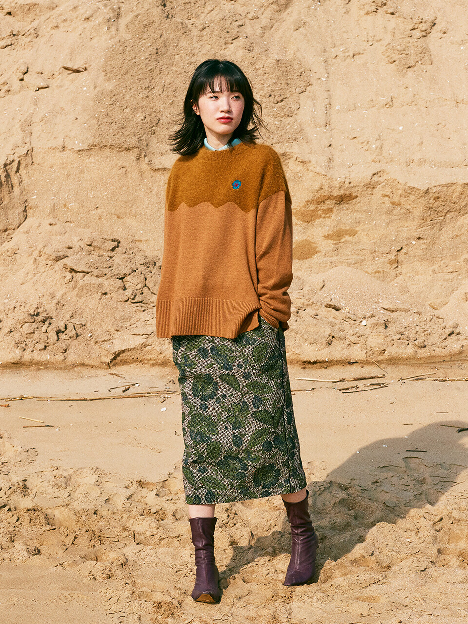 ouel FLOWER PAINTED WOOL MIDI SKIRT_GREEN