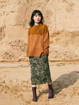 ouel FLOWER PAINTED WOOL MIDI SKIRT_GREEN
