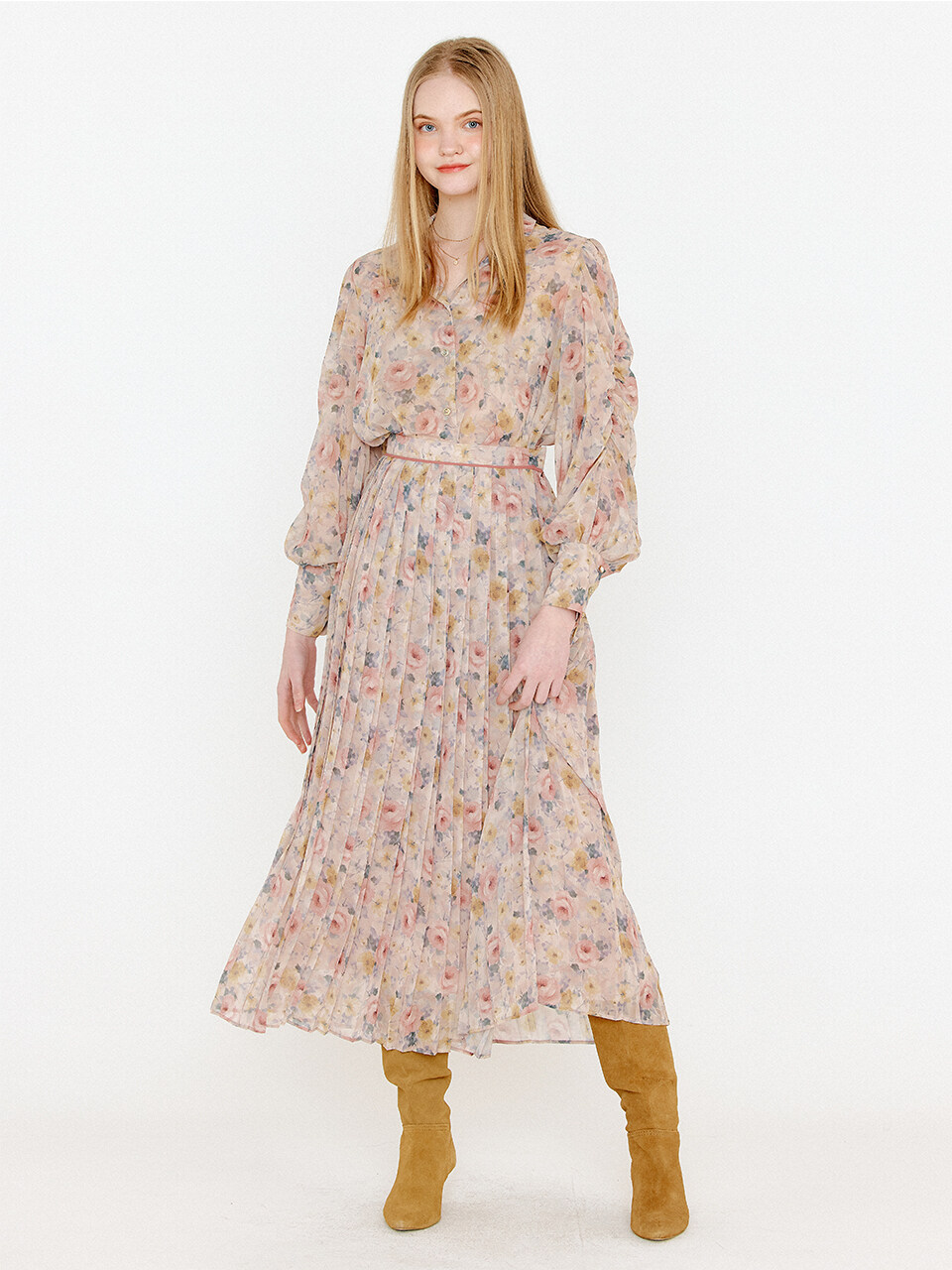 ouel Flower Pleats Skirt_Pink Beige