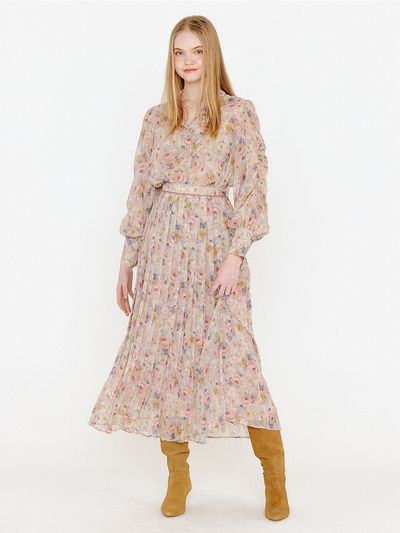 ouel Flower Pleats Skirt_Pink Beige