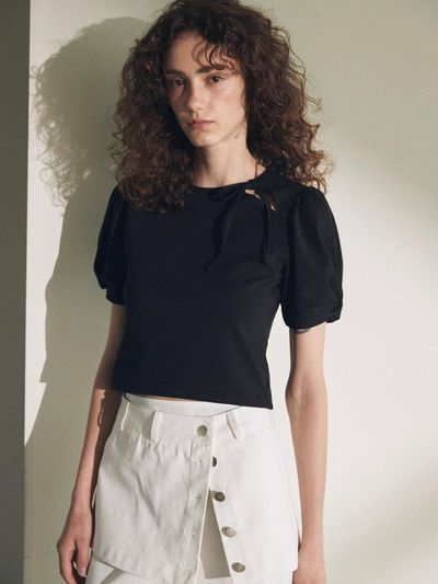 ouel Ribbon Tie Puff Top_Black