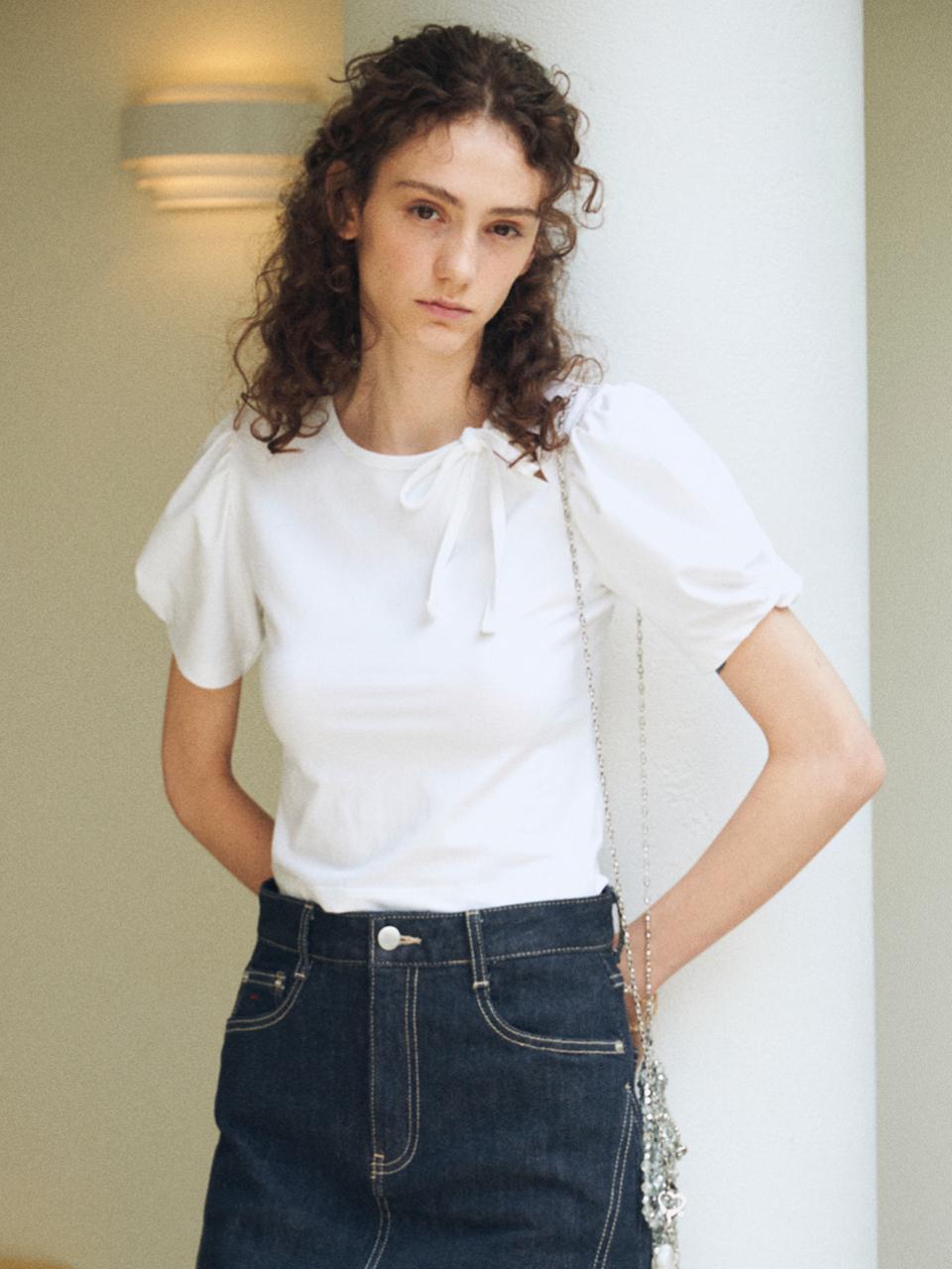 ouel Ribbon Tie Puff Top_White