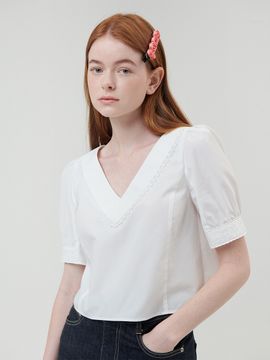 ouel V-Neck Lace Puff Blouse_White