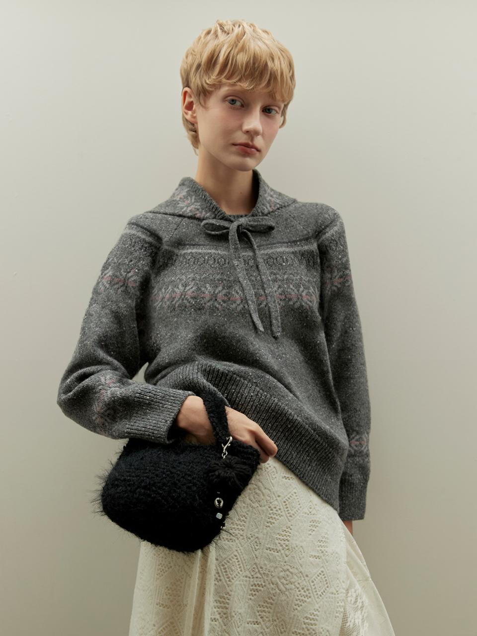 ouel Wool Silk Blended Nordic Pattern Coordinated Set [Dark Grey]